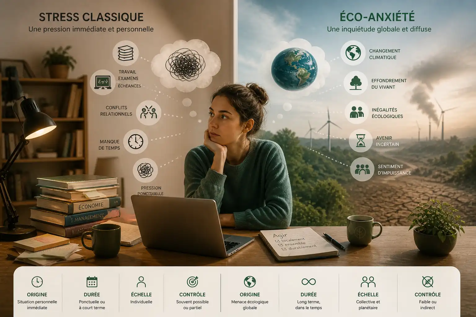 comparaison visuelle entre stress classique et éco-anxiété