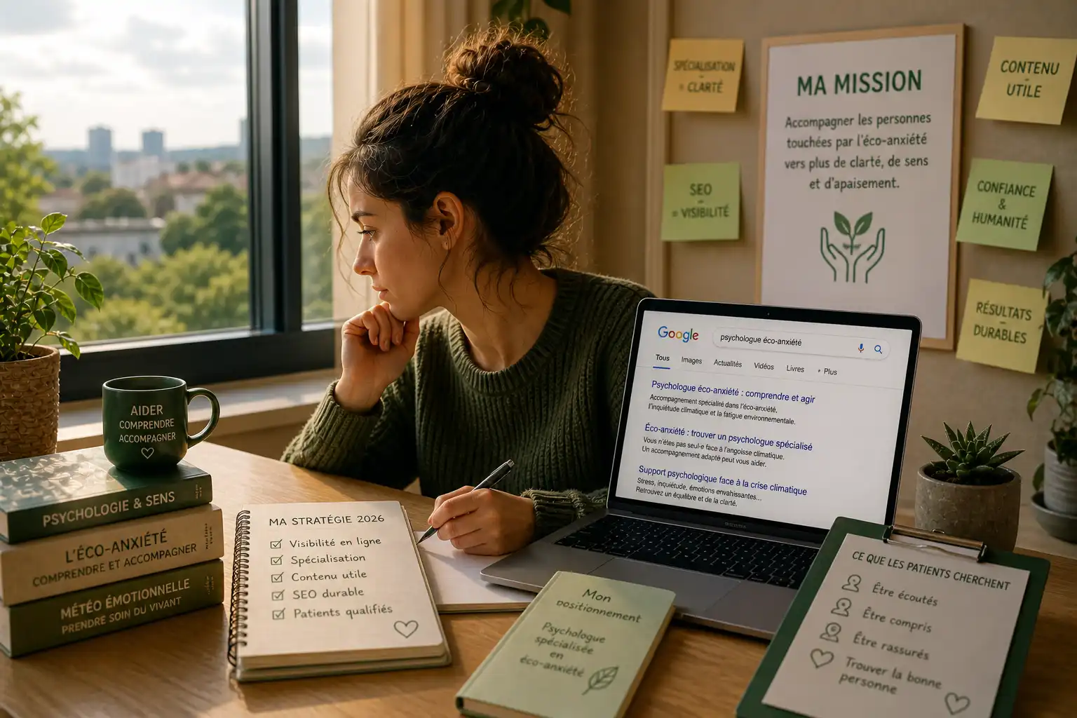 personne recherchant un psychologue sur Google depuis un ordinateur dans un environnement calme