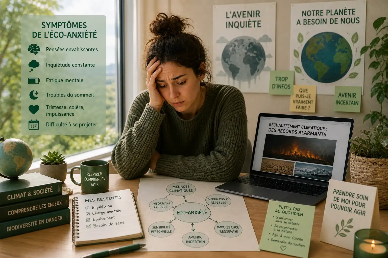 personne fatiguée mentalement face à des informations climatiques répétées